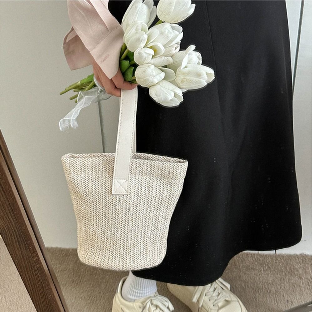 Woven Straw Bag - Sweet PU Straw Bucket Bag Korean